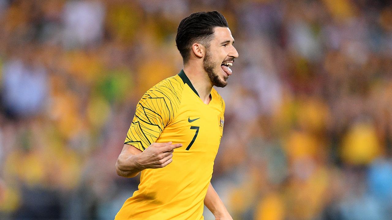 Mat Leckie celebrates scoring for the Socceroos. Picture: AAP Image/Dan Himbrechts