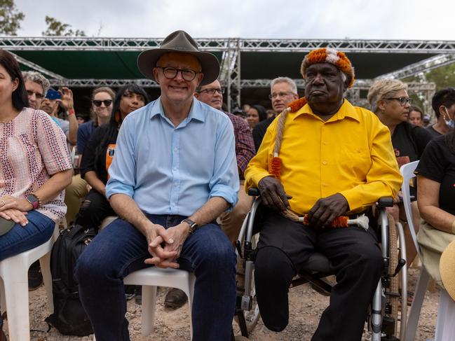 EAST ARNHEM, AUSTRALIA - JULY 29: Australian Prime Minister Anthony Albanese (C) attends the Garma Festival at Gulkula on July 29, 2022 in East Arnhem, Australia.  The annual Garma festival is held at Gulkula, a significant ceremonial site for the Yolngu people of northeast Arnhem Land about 40km from Nhulunbuy on the Gove peninsula in East Arnhem. The festival is a celebration of Yolngu culture aimed at sharing culture and knowledge which also brings politicians and Indigenous leaders together to discuss issues facing Australia's Aboriginal and Torres Strait Islander people. This year is the first time the festival has been held since 2019 following a two-year absence due to the COVID-19 pandemic. (Photo by Tamati Smith/Getty Images)