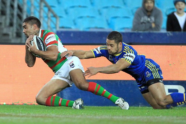 <p>Gallery NRL round 15 Eels v Rabbitohs: Nathan Merritt scores for Souths. Picture: Mark Evans</p>