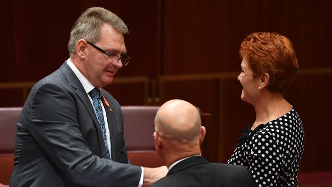 Senator Steve Martin with One Nation leader Senator Pauline Hanson. Picture: MICK TSIKAS 