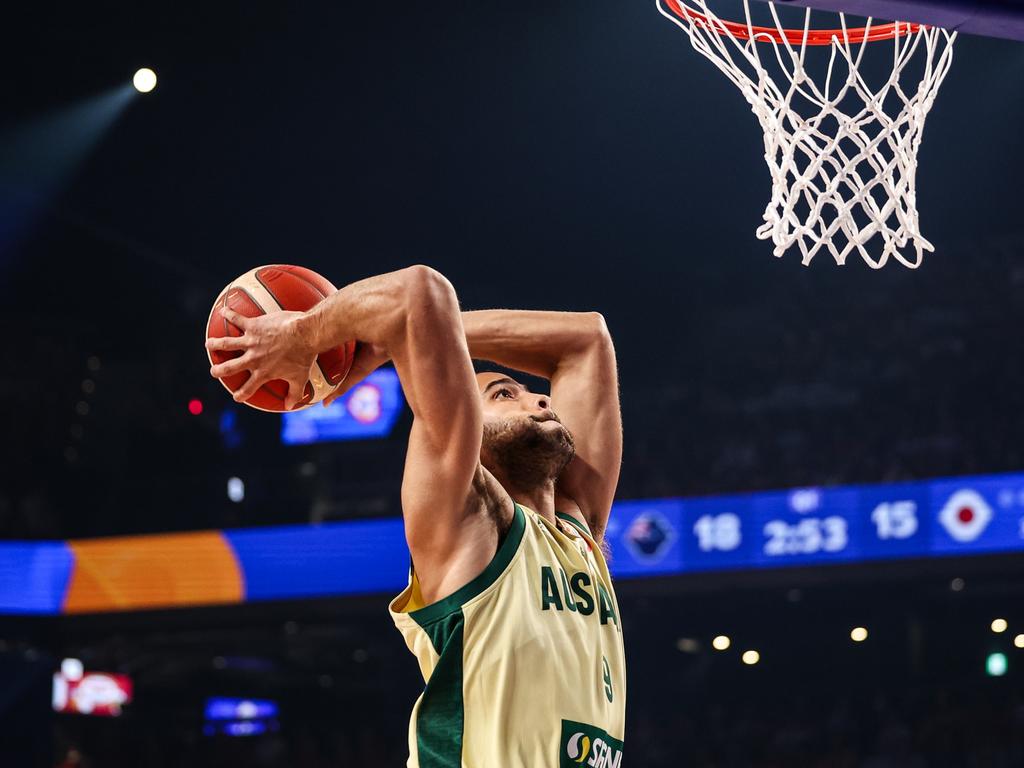 Xavier Cooks #9 of Australia dunks the ball during the FIBA Basketball World Cup Group E game between Australia and Japan at Okinawa Arena. Picture: Getty Images