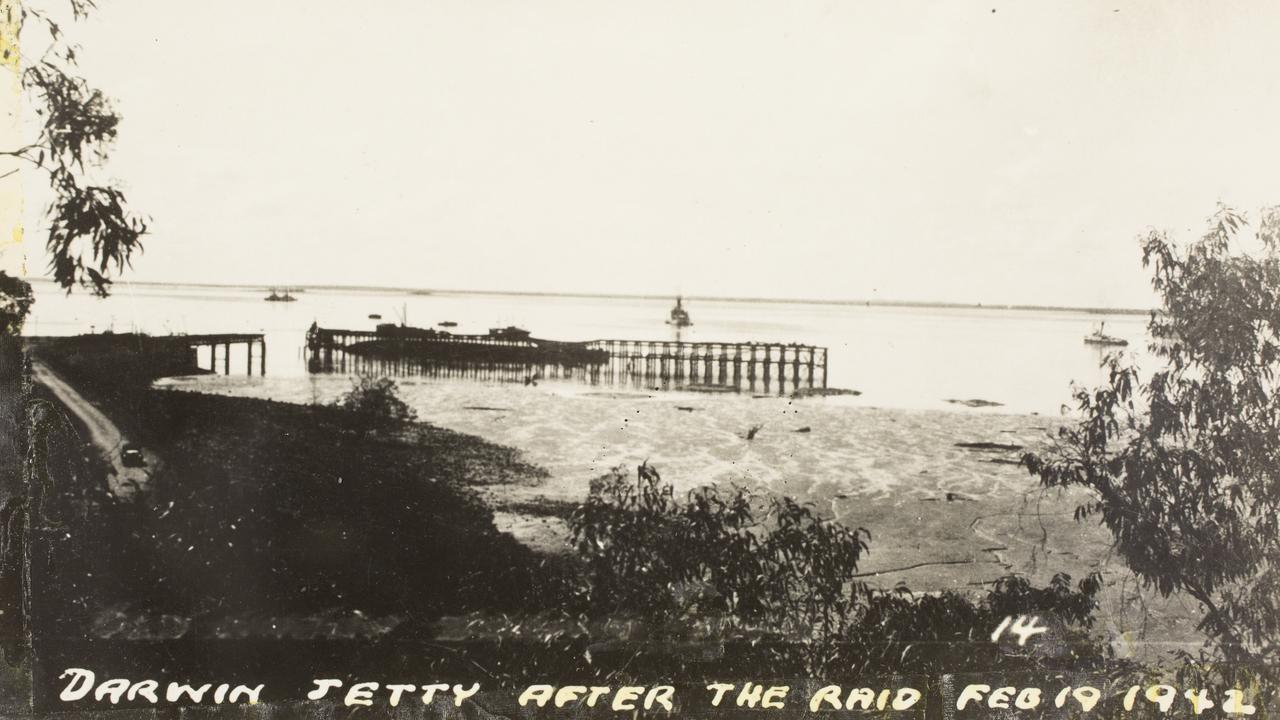 Bombing of Darwin: Remains of the Darwin Wharf after the bombings. The Neptuna,an ammunition ship, was tied up at the Wharf, and nearby the destroyer USS Peary wasanchored, having arrived back into Darwin Harbour that morning for supplies. A direct hit to thewharf killed at least 21 wharfies, and both the Neptuna and Peary were bombed multiple times,and sunk to the seafloor.