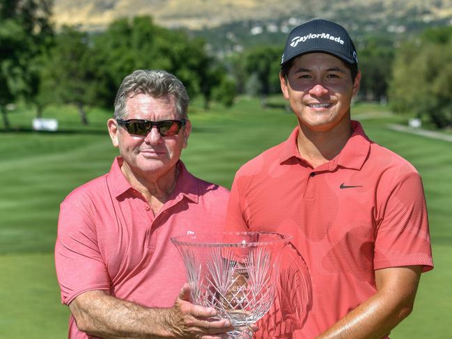 FARMINGTON, UTAH - AUGUST 04: Karl Vilips of Australia poses for photos with his father Paul after winning the final round of the Utah Championship presented by Zions Bank and Intermountain Health at Oakridge Country Club on August 04, 2024 in Farmington, Utah. (Photo by Alex Goodlett/Getty Images)