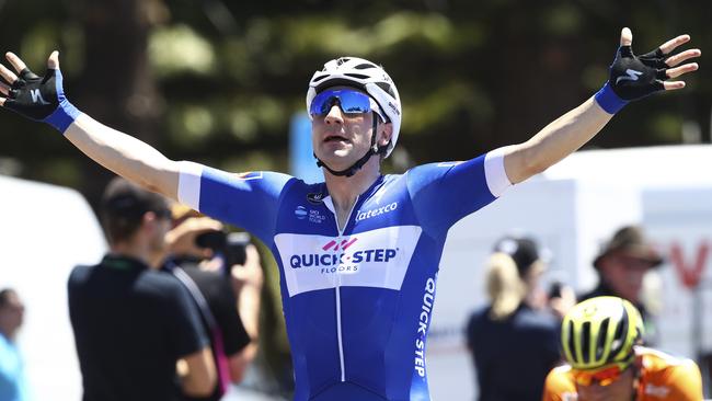 Elia Viviani crosses the line for the stage win. Picture Sarah Reed