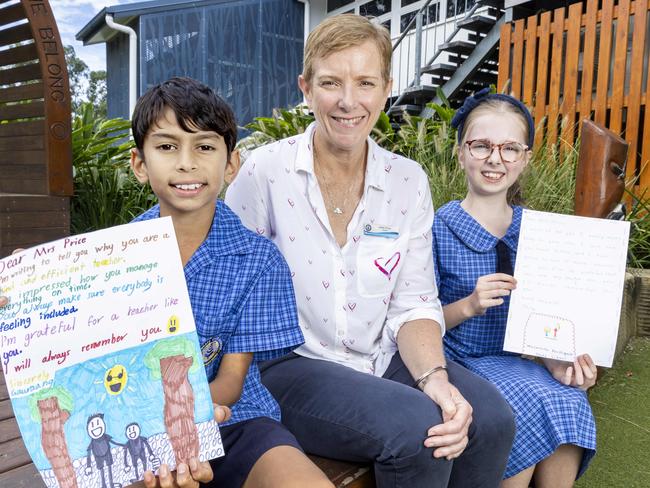 Northgate State School students Gauraang Suneja and Posy Hooper with teacher Janet Price, Friday, April 26, 2024 - Picture: Richard Walker