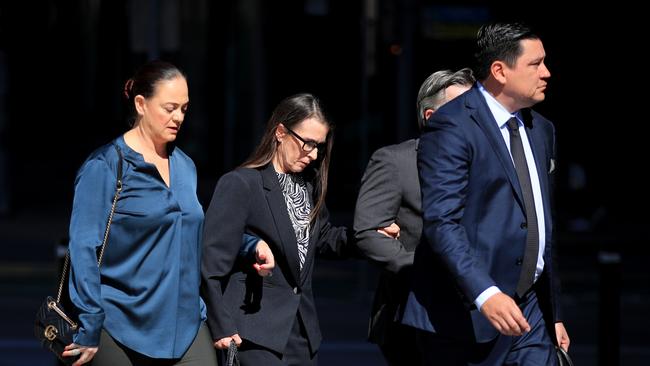 Gold Coast City councillor Ryan Bayldon-Lumsden’s mother, Katrina (centre), accompanied by her brother and sister-in-law, arrive at the Brisbane Supreme Court with solicitor Ron Behlau (right) Picture: NCA NewsWire / Scott Powick