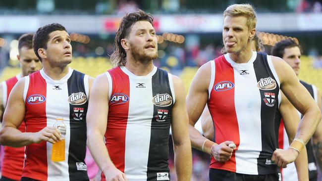 Jack Steven (C) Leigh Montagna (L) and Nick Riewoldt. (Photo by Michael Dodge/Getty Images)