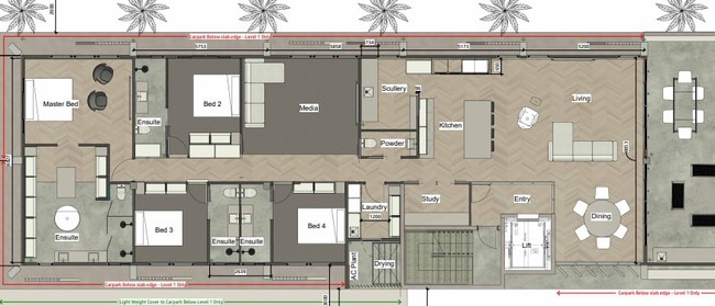 Floor plan of the level one unit in the proposed apartment complex for 16 Wright St, Maroochydore. Photo: NS Dev