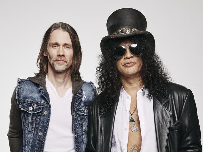 After his tour Down Under, Slash will head back into the studio to work on a new Conspirators album with his lead singer Myles Kennedy (L) and bandmates. Picture: Supplied