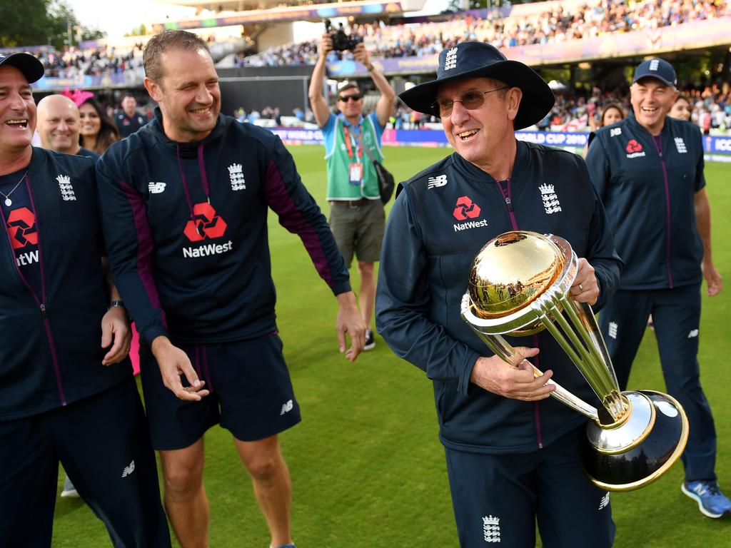 While he refuses to admit it, Trevor Bayliss will always be remembered as the coach that led England to their first 50-over World Cup triumph. Picture: Gareth Copley/ICC via Getty Images