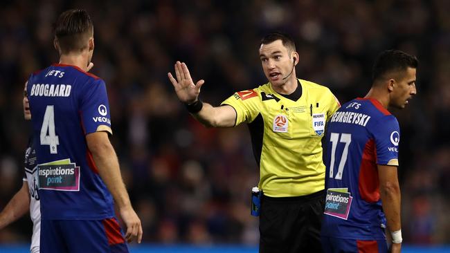 NEWCASTLE, AUSTRALIA — MAY 05: Referee Jarred Gillett talks to players during the 2018 A-League Grand Final match between the Newcastle Jets and the Melbourne Victory at McDonald Jones Stadium on May 5, 2018 in Newcastle, Australia. (Photo by Cameron Spencer/Getty Images)