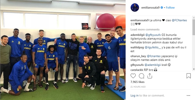 Emiliano Sala poses with his Nantes teammates in his social media post titled 'The Last Goodbye'