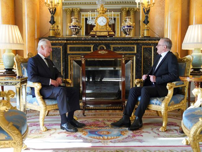 King Charles III in a meeting with Anthony Albanese in the 1844 Room at Buckingham Palace. Picture: AFP