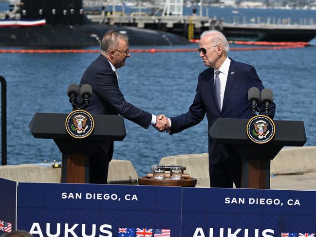 U.S. President Joe Biden and Prime Minister Anthony Albanese of Australia shake hands on the AUKUS Partnership in San Diego, California on March, 13, 2023. Picture: Tayfun Coskun