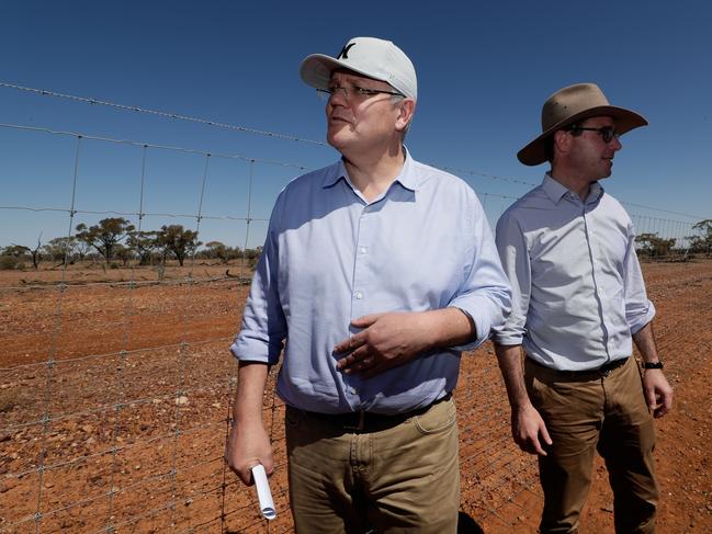 Prime Minister Scott Morrison and Agriculture Minister David Littleproud in drought ravaged south west Queensland in August. Picture: Pool