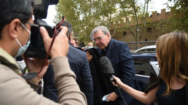 George Pell in Rome after he was acquitted of sexual abuse charges in Victoria. Dr Matthew Collins QC, acting for several of the media organisations, has told the Supreme Court that all charges against the media should be tossed out. Picture: Victor Sokolowicz