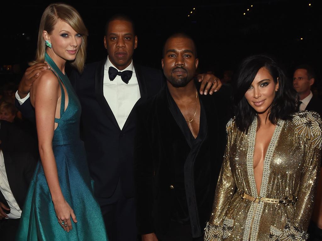 Taylor Swift, Jay Z and Kanye West and Kim Kardashian at the 2015 Grammys. Picture: Getty