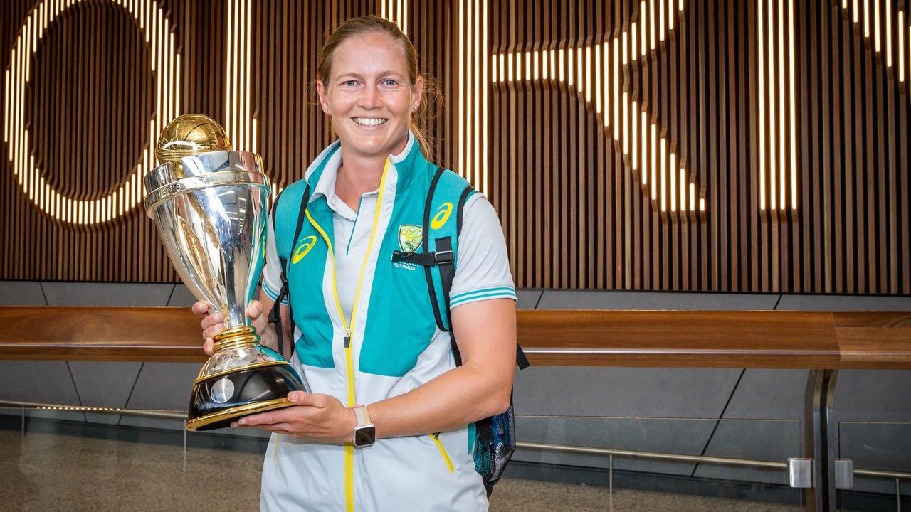 Australia's captain Meg Lanning with the World Cup trophy. Picture: Jake Nowakowski