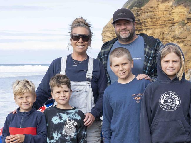 Ripcurl Pro Bells Beach finals day. Pictured: Hayley and Clay with Jonte, Tommy, Emmett and Barrett. Photograph: Phil Yeo