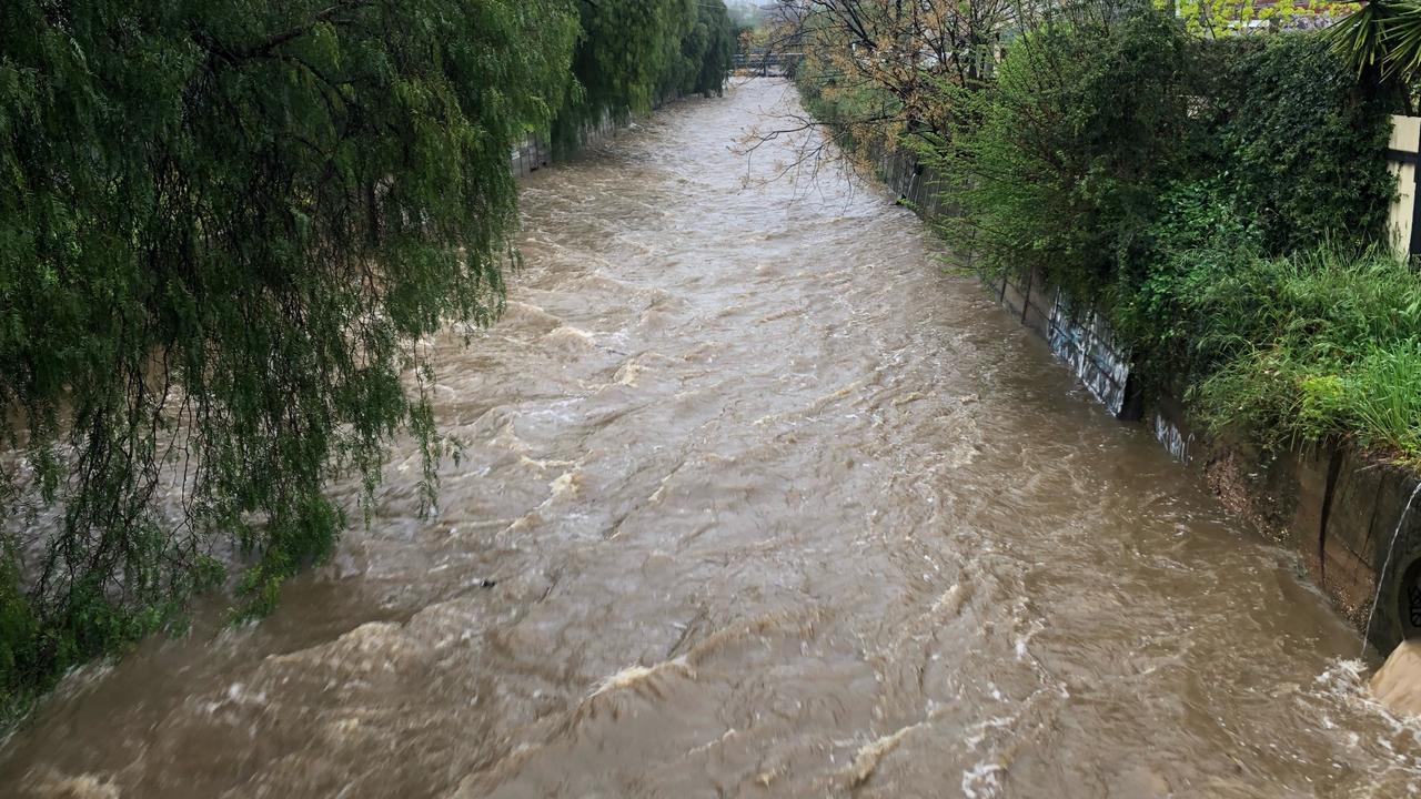 The Bendigo Creek is fast-flowing after the heavy rain.