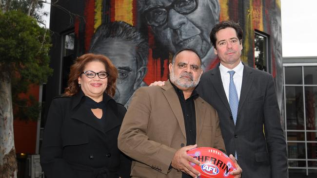 Tanya Hosch, Michael Long and Gillon McLachlan during the 2019 Nicholls round. Picture: Getty Images