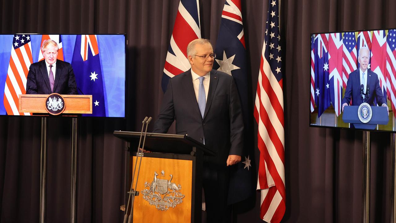 Former Australian Prime Minister Scott Morrison as AUKUS was announced. Picture: Newswire/Gary Ramage