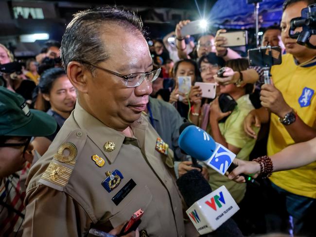 Narongsak Osot-tanakorn, Former Governor of Chiang rai who led the rescue operation, answers questions from the press. Picture: Getty