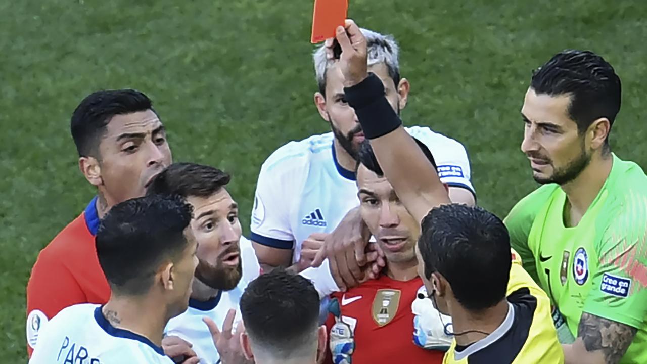 Lionel Messi was shown a red card alongside Chile’s Gary Medel.