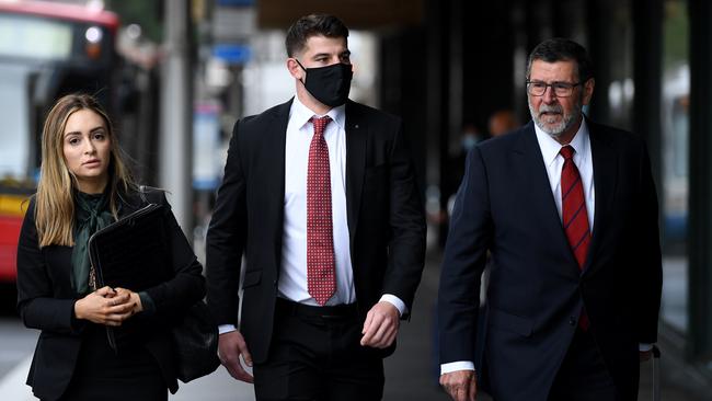 Canberra Raiders centre Curtis Scott arrives at the Downing Centre court in Sydney. Picture: Joel Carrett