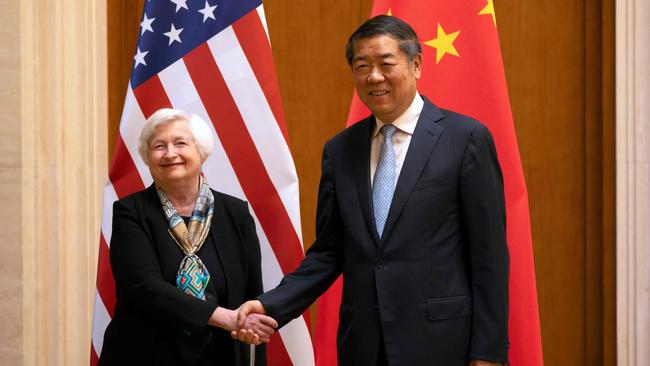 US Treasury Secretary Janet Yellen meets Chinese Vice Premier He Lifeng at the Diaoyutai State Guesthouse in Beijing on Saturday. Picture: Mark Schiefelbein / Pool / AFP