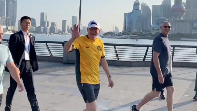 Mr Albanese turned heads in his Matildas World Cup jersey during a walk in Shanghai. Picture: Supplied.