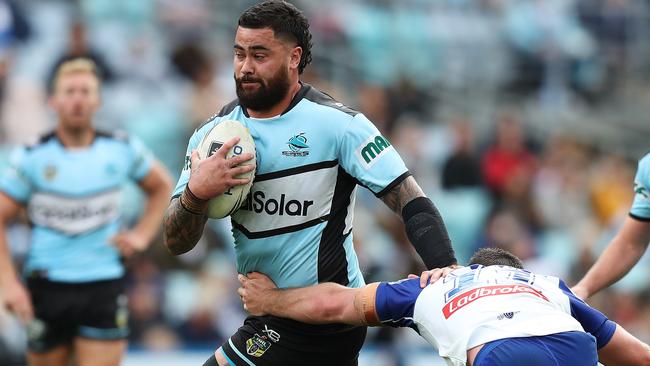 Andrew Fifita on the charge for the Sharks. Picture: Brett Costello