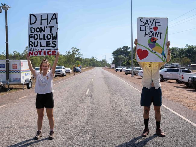 Protesters are picketing the Lee Point Defence Housing Australia Development as bulldozers move in on Stage 2 of the project. Picture: Pema Tamang Pakhrin