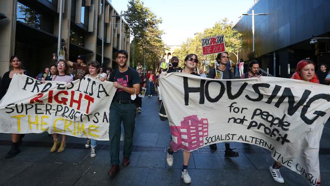 Young tenants protest against rent increases in Sydney, Australia. Australia is facing a rental crisis with vacancies at historic lows in multiple states. Picture: Getty