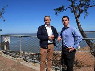 WATER WARS: Opposition leader Bill Shorten and Candidate for Flynn Zac Beers at a Central Queensland dam. Picture: Kristen Booth