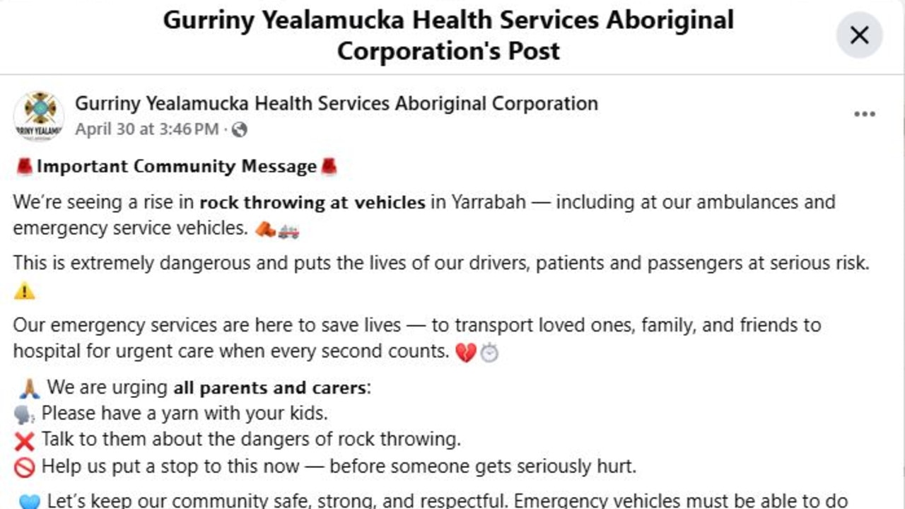 Health services in Yarrabah have confirmed their is a rise in rock throwing at vehicles - including ambulances and emergency service vehicles. Picture: Facebook.