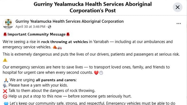 Health services in Yarrabah have confirmed their is a rise in rock throwing at vehicles - including ambulances and emergency service vehicles. Picture: Facebook.
