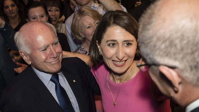  Gladys Berejiklian is greeted by former PM John Howard and current PM Scott Morrison at the Sofitel Wentworth hote. Picyure: Brook Mitchell/Getty Images.