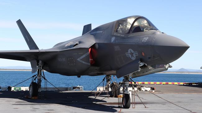 An F-35B Lightning II Joint Strike Fighter on board the USS America, which arrived in Brisbane for a port call on Tuesday. Picture: Liam Kidston