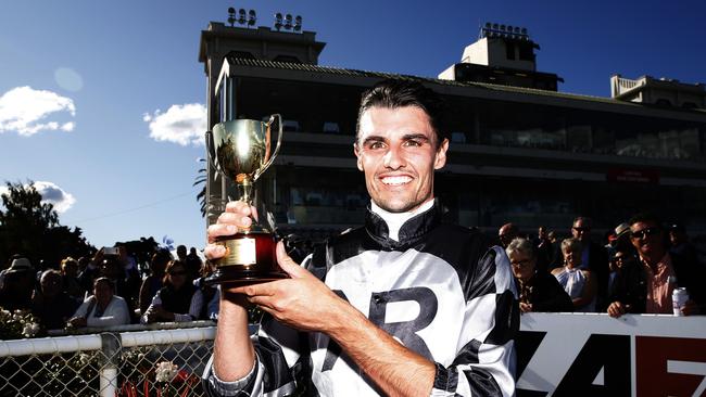 Jockey Billy Egan celebrates his win on Home by Midnight in the Launceston Cup at the Mowbray Racecourse. Picture: ZAK SIMMONDS