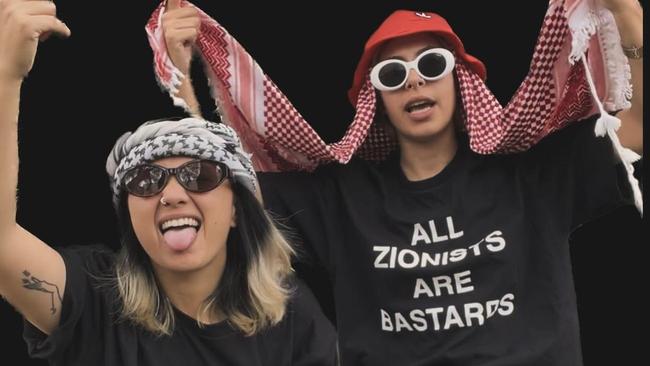 Anti-Israel activists Elsa Tuet-Rosenberg, left, and Zee Mazloum in a social media post promoting the sale off offensive anti-Israel slogans on t-shirts. Picture: Instagram