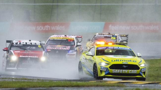 The safety car leads the field around the Sydney Motorsport Park before Sunday’s race was called off. Picture: Getty Images