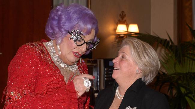 Dame Edna with Susan Diver at a Black and White dinner.