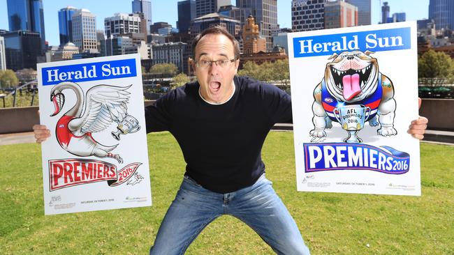 Herald Sun cartoonist Mark Knight with his annual premiership posters. Picture: Alex Coppel