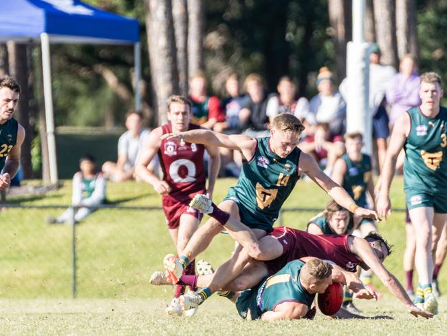 Tasmania captain Brad Cox-Goodyer attempts to gather possession during the Tasmania v Queensland 2024 representative clash at Bond University on June 22, 2024. Picture: Aaron Black.