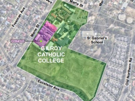 An aerial view of the proposed development site (coloured purple)