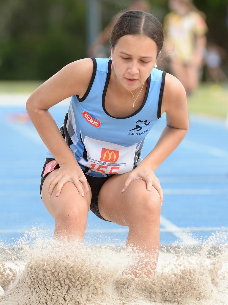 South Coast Little Athletics Titles at Pizzey Park in Miami. Girls U15 triple jump contestants. No 155 (name not on list supplied) Picture: Lawrence Pinder