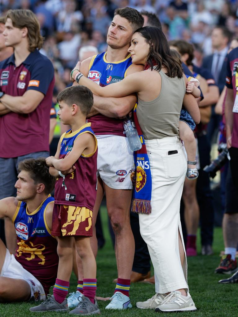 A dejected Dayne Zorko of the Lions looks on during the medal presentations. Photo by Russell Freeman/AFL Photos via Getty Images.