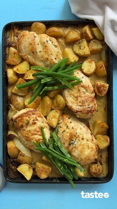 Creamy French chicken tray bake