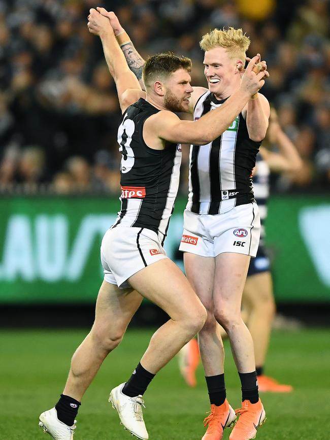 Noble celebrates with Taylor Adams in Collingwood’s qualifying final win over Geelong. Picture: Quinn Rooney (Getty).